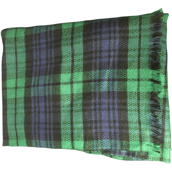 Check Plaid Thin Fringe Throw Blanket Green and Blue 100% Acrylic Cabincore - Picture 3 of 6